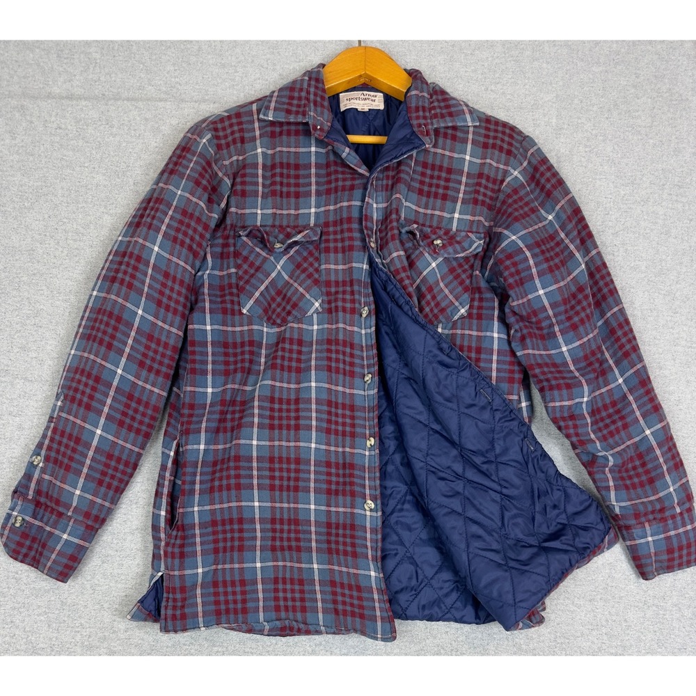 Vintage 80s 90s Arrow Flannel Jacket M Red Blue Plaid Quilted Lined Workwear